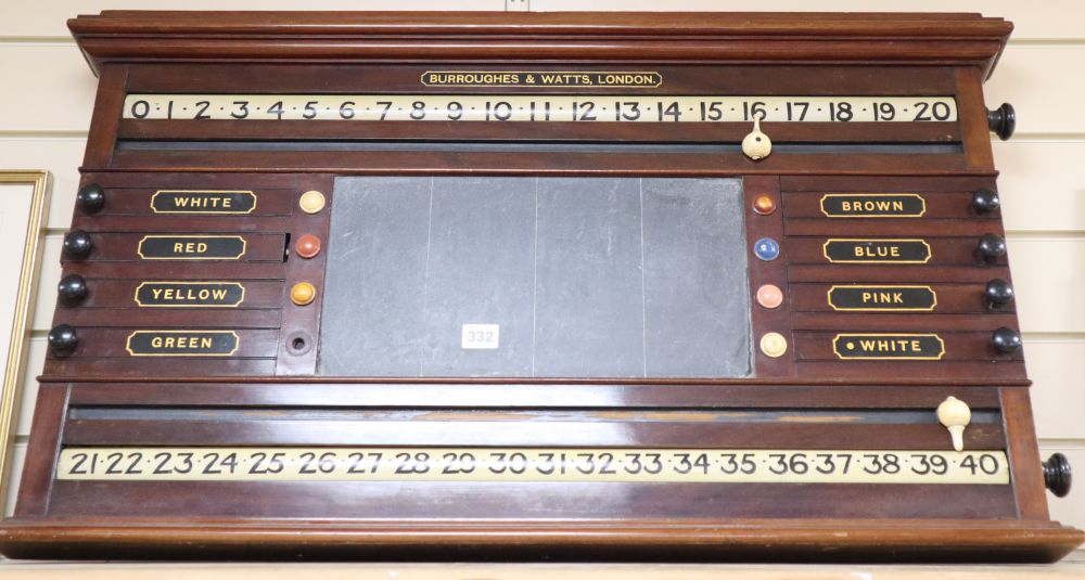 A Burroughes and Watts, London, mahogany snooker scoreboard, length 90cm